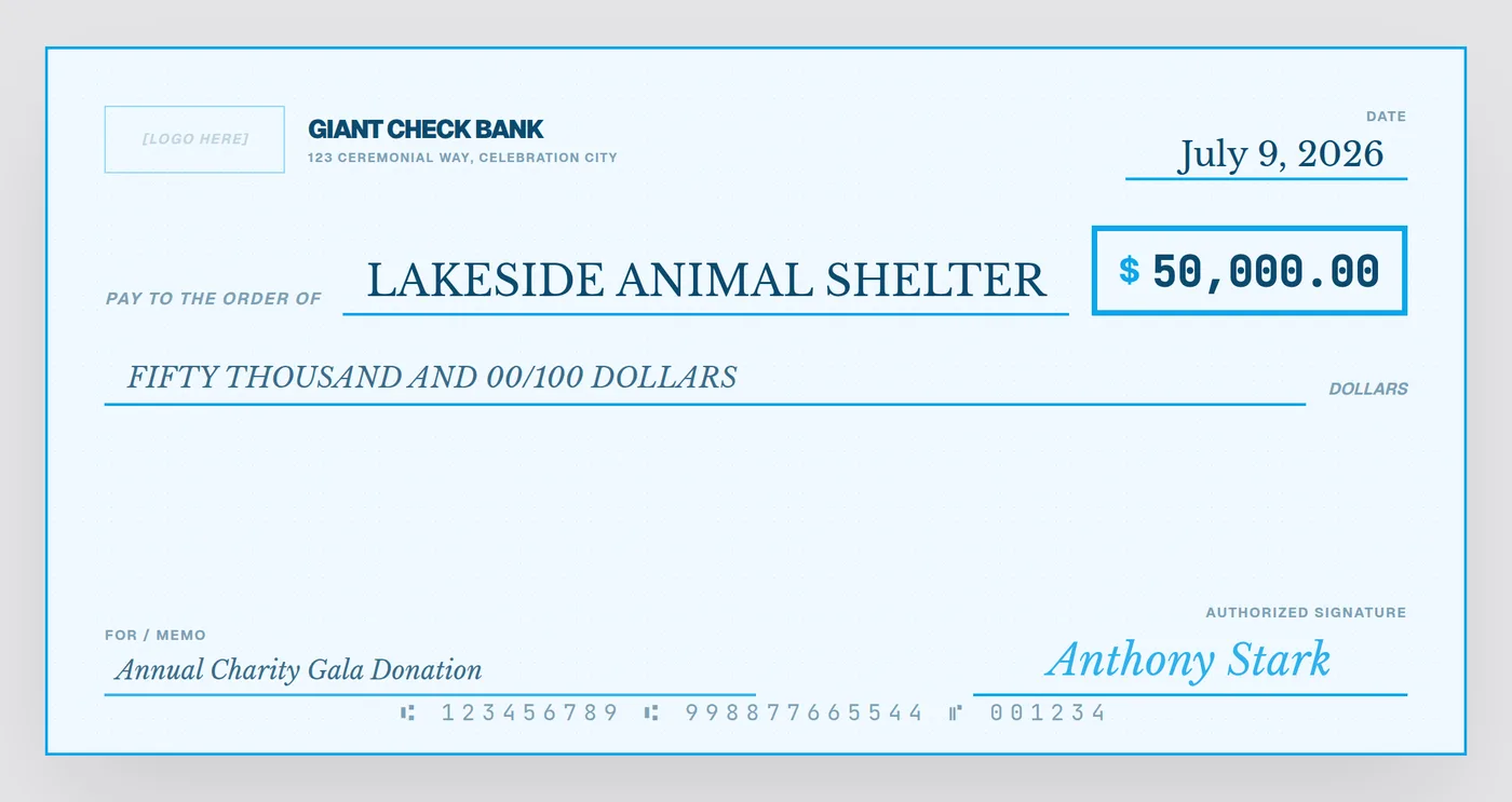 Giant check for a charity donation