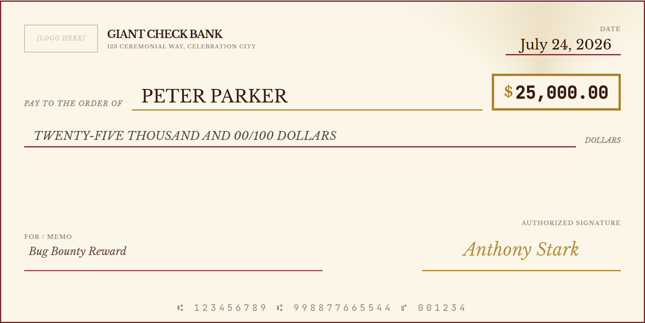 Jackpot Gold theme giant check, oxblood and antique gold on ivory