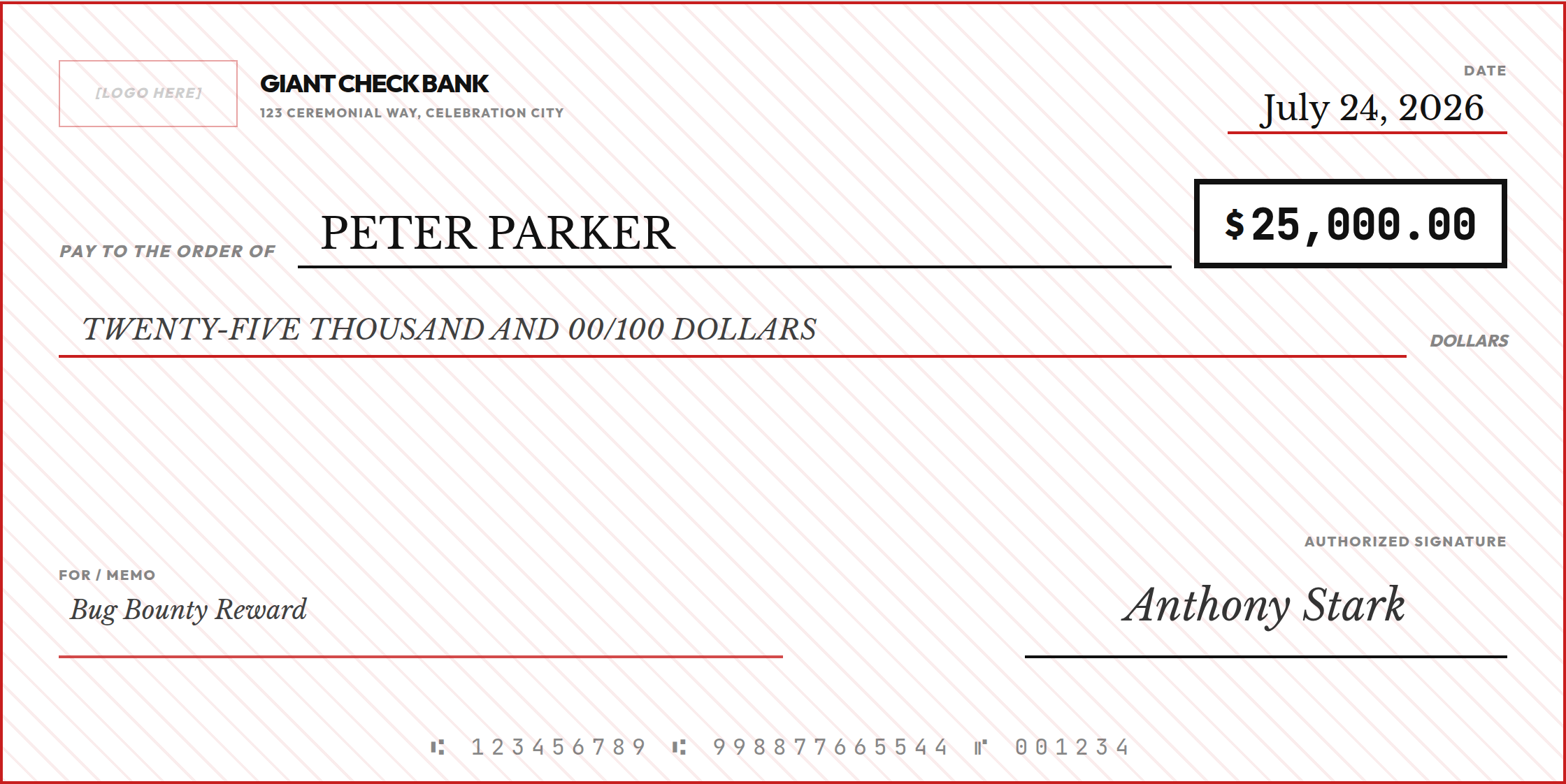Sold! theme giant check, bold red on white with a diagonal stamp texture