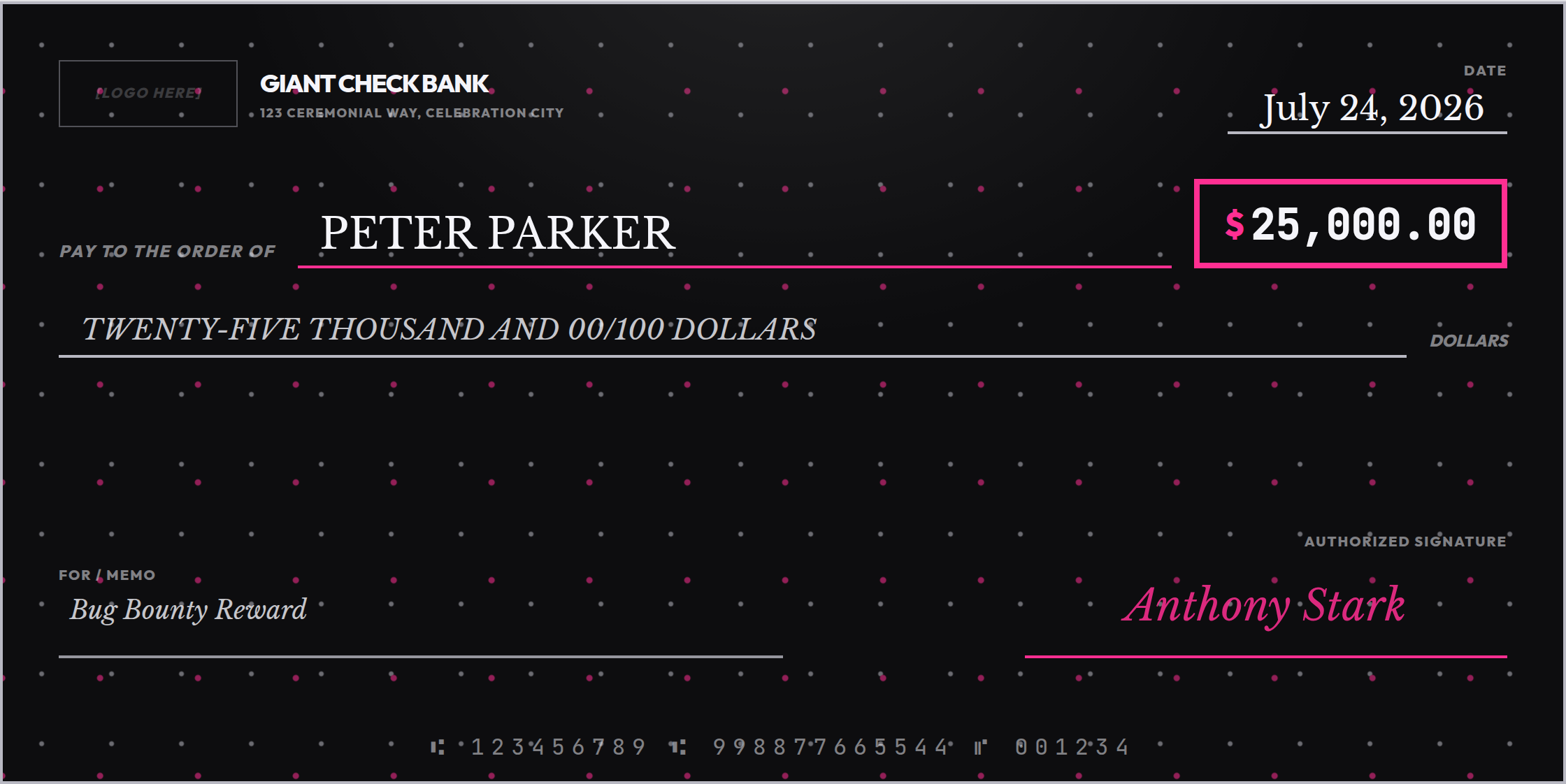 Spotlight theme giant check, black with a stage-light beam and magenta accent