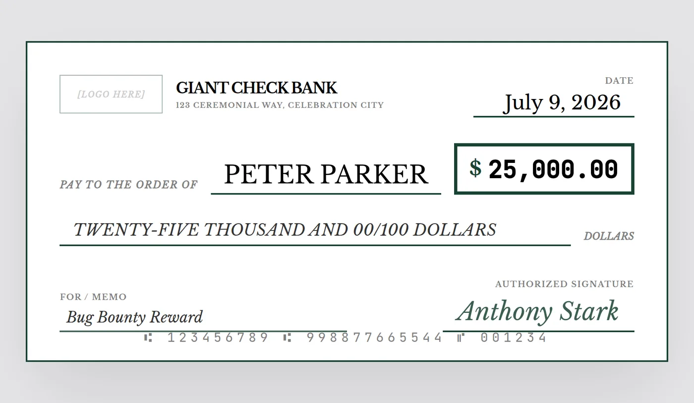 Giant check shown at the standard 36 by 18 inch 2:1 landscape aspect ratio
