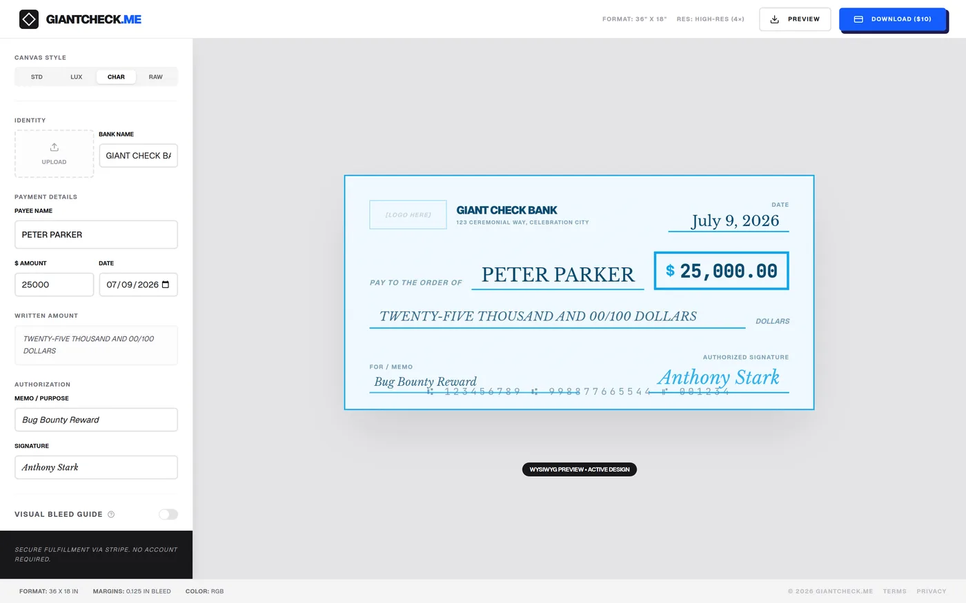 Giant check templates on Etsy