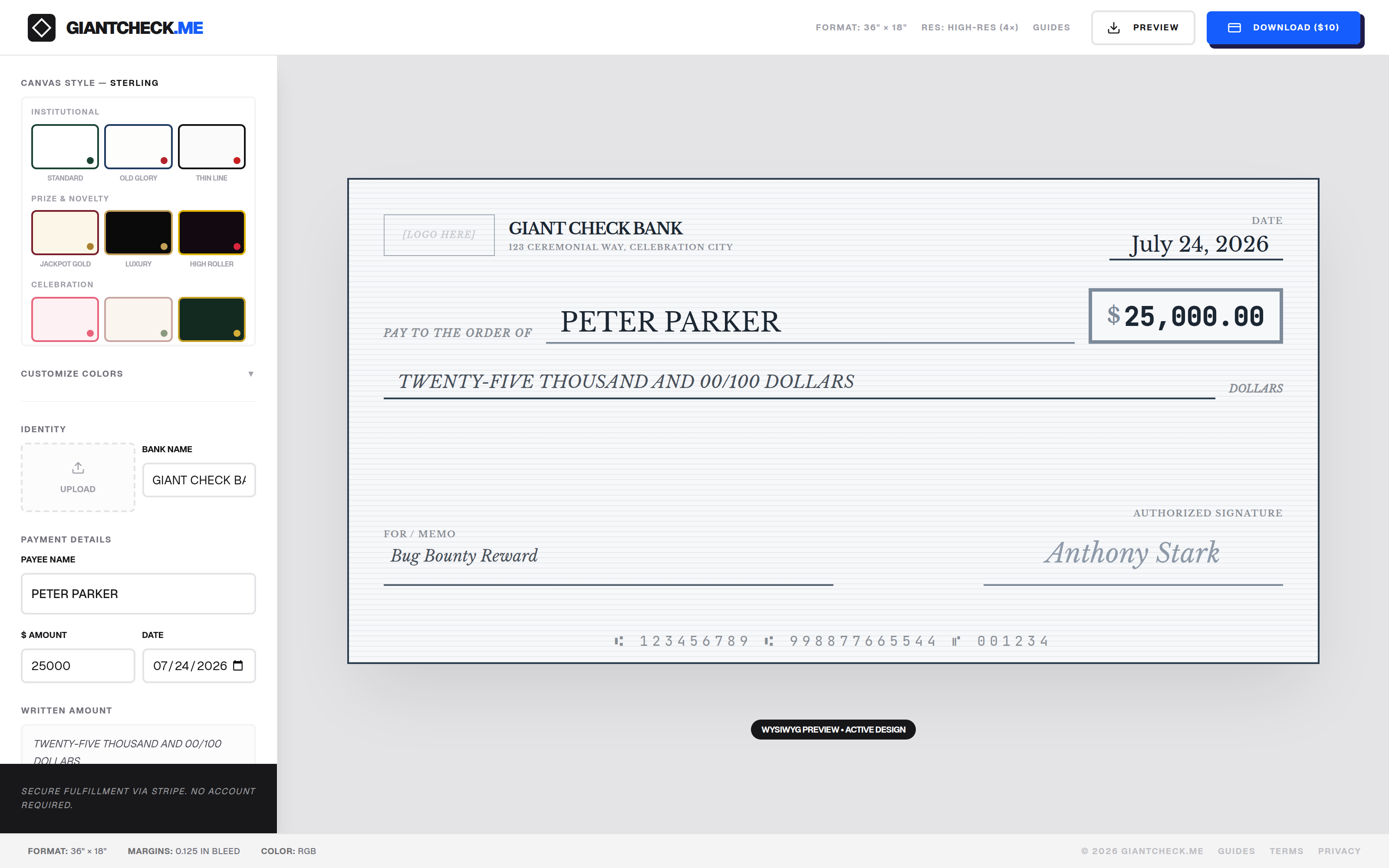 The giant check designer, showing the theme picker sidebar and live canvas preview