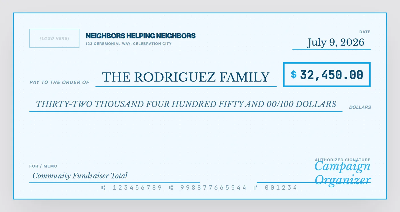 Giant check for a GoFundMe campaign