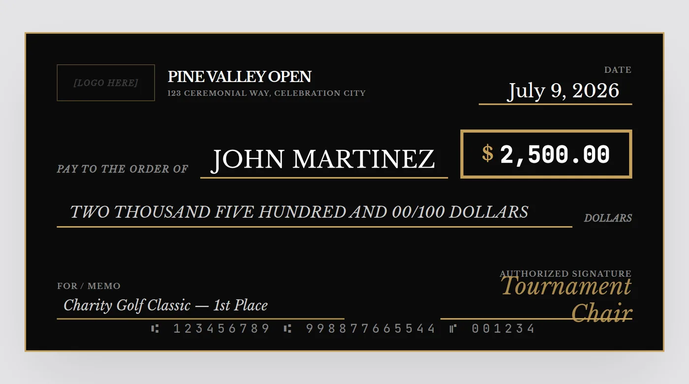 Giant check for a golf tournament charity classic prize, black and gold luxury theme