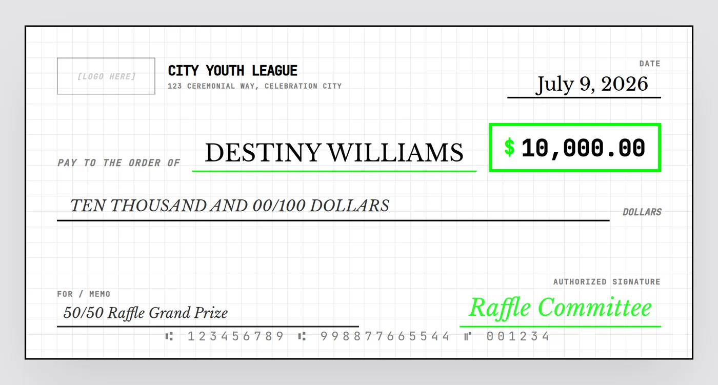 Giant check for a raffle prize winner