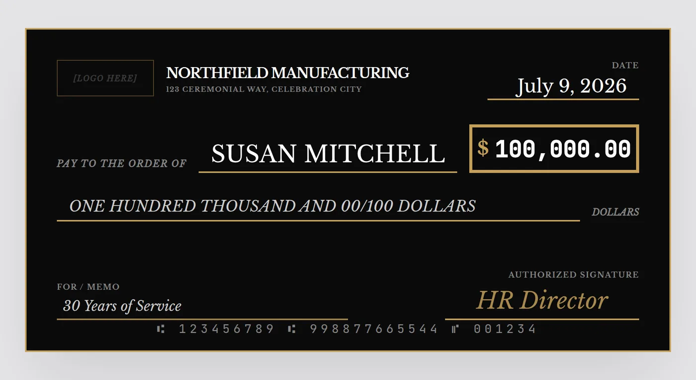 Giant check for a retirement gift