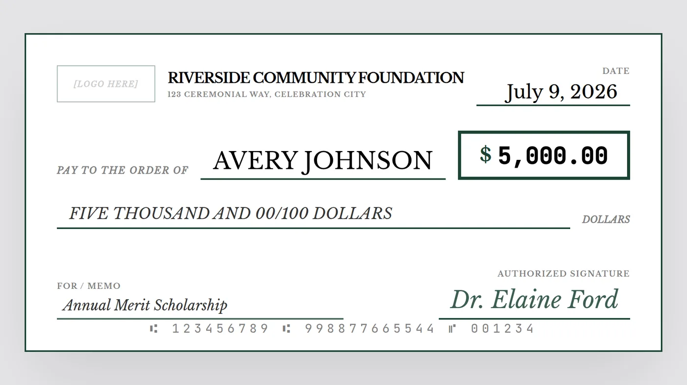 Giant check for a scholarship presentation